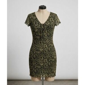 Vintage 90s Y2K Heart & Soul Babydoll‎ Geometric Mini Dress Green Scrunch